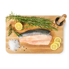 Rainbow trout fillet on board, Oncorhynchus mykiss