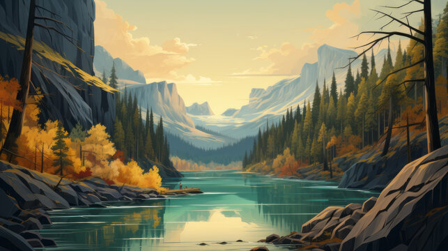 PAINTING LANDSCAPE - COLORFUL AUTUMN FOREST. AUTUMN FOREST WITH A RIVER. © senadesign