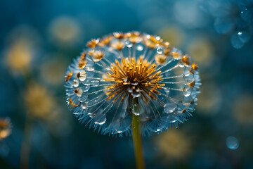 Macro of a dandelion in water drops on a blue background. 