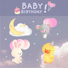 Baby Party Cute Animal Night HandDrawn Illustrations Sticker Pack