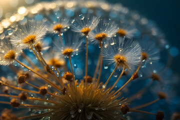 Macro of a dandelion in water drops on a blue background. 