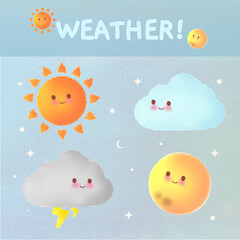 Weather Cloud Rainy Sun Moon HandDrawn Illustrations Sticker Pack