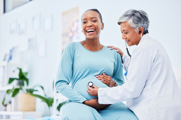 Doctor, woman portrait and heart rate pregnancy in a hospital with mama and baby care. Wellness,...
