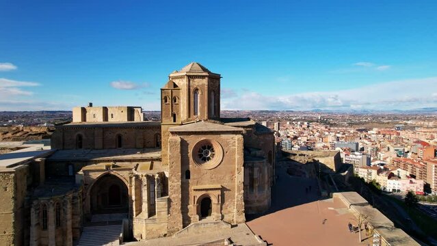 Panoramic aerial drone view of medieval 13th century Cathedral of St Mary of La Seu Vella is symbol of reconquista, typical gothic architecture style,iconic monument in city of Lleida,Catalonia,Spain