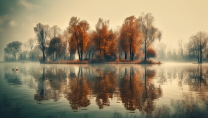 Obraz premium Beautiful autumn landscape with trees reflected in the lake