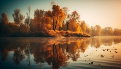 Obraz premium Beautiful autumn landscape with trees reflected in the lake