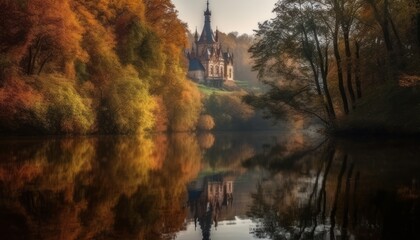 Fototapeta premium Beautiful autumn landscape with trees reflected in the lake