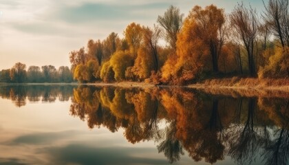 Beautiful autumn landscape with trees reflected in the lake