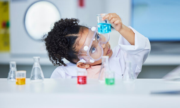 Science, Learning And Research With Child In Laboratory For Experiment, Education And Health. Future, Study And Knowledge With Face Of Young Girl And Chemicals For Results, Medicine And Analysis