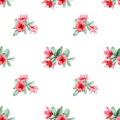 Seamless floral pattern with red flowers with green leaves. Lovely spring flower bouquets on a white background. Hand drawn watercolor illustration for fabric, textile, wallpaper, packaging, texture.