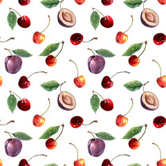 Seamless summer pattern with ripe fruits and berries. Juicy plums, red cherries with green leaves on a white background. Hand drawn watercolor illustration for fabric, textile, wallpaper.