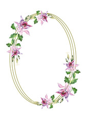 Oval floral frame decorated with bouquets of garden flowers. Pink bells on a stem with green leaves adorn the gold frame. Hand drawn watercolor illustration white background for wedding invitations.