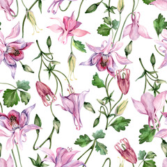 Seamless floral pattern with blooming pink bellflowers. Summer composition with flowers on a stem with green leaves. Hand drawn watercolor illustration on white background for fabric, textile.