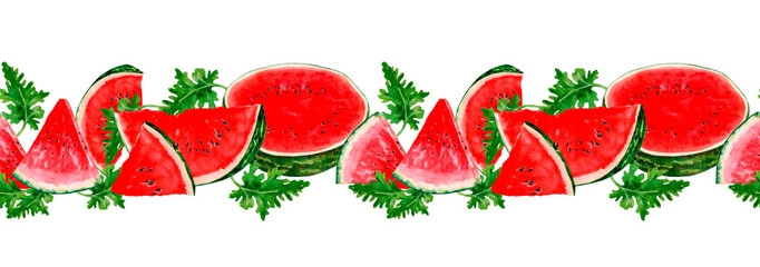 Seamless fruit border with ripe watermelon slices. Horizontal stripe with red berries and green leaves on a white background. Hand drawn watercolor illustration for fabric, home textile, texture.