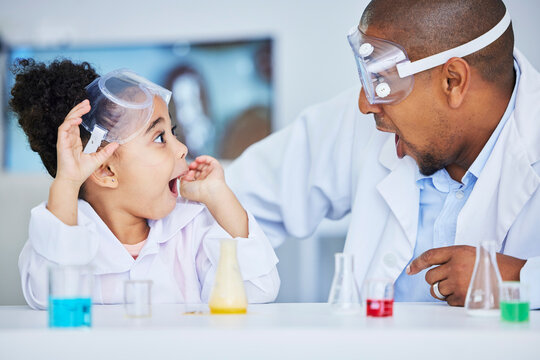 Wow, father and girl with chemistry experiment, knowledge and learning with omg, excited and school. Family, male parent and child with science project, surprise and medical research with education