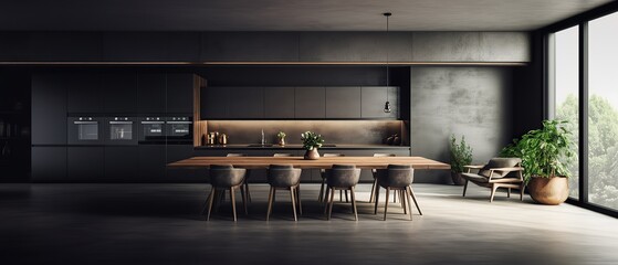 large kitchen room with modern interior design with wood table and chairs for home against the background a dark classic wall, Generative AI