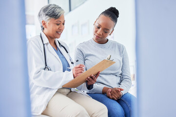 Doctor, women and checklist in healthcare support, hospital services and patient history, charts or...