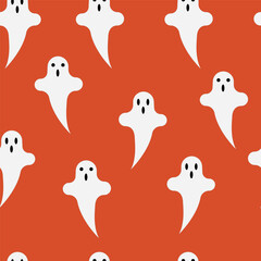 
Seamless halloween pattern with ghosts on orange background.