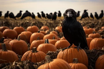 Foto auf Acrylglas a crow sits on top of a pumpkin field © Artwork Vector