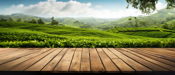 Empty rustic old wooden boards table copy space with tea gardens or plantation in background. Product display template. Generative AI - obrazy, fototapety, plakaty