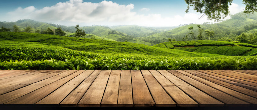 Empty rustic old wooden boards table copy space with tea gardens or plantation in background. Product display template. Generative AI