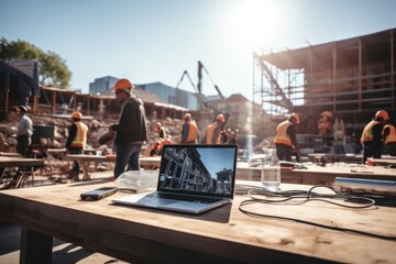 Smart teem of engineers working on a laptop on a construction site - obrazy, fototapety, plakaty