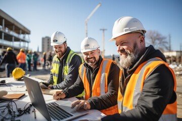 Smart teem of engineers working on a laptop on a construction site - Powered by Adobe