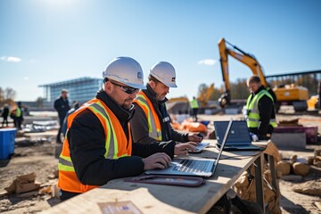 Smart teem of engineers working on a laptop on a construction site