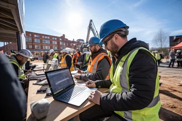 Poster Smart teem of engineers working on a laptop on a construction site © Attasit