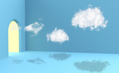 3d rendering, abstract minimalist yellow background with the row of three white clouds flying out the tunnel