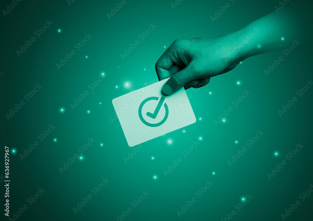 Poster hand holding correct sign symbol for business management review , project and document approve conce