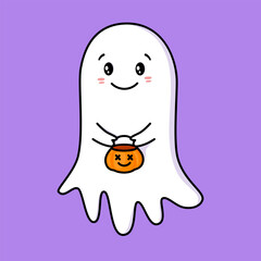 Cute ghost. Halloween ghost character with pumpkin basket. Spooky expression creature. Sticker emoticon with joy, fun, happiness, warm  emotion. Vector illustration