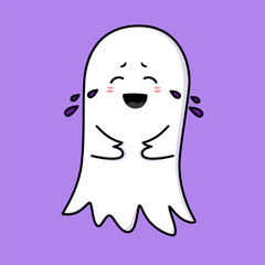 Cute ghost. Halloween ghost character laughs to tears. Spooky expression creature. Sticker emoticon with launghter facial expression  emotion. Vector illustration