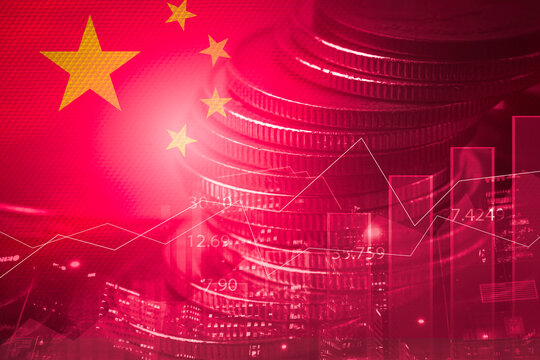 Double exposure of China flag on coins stacking and stock market graph chart .It is symbol of china high economy growth , inflation and recession concept.