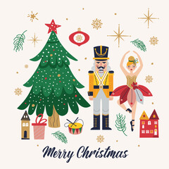 Merry Christmas, New Year set with Ballerina, Mouse King and Nutcracker. Christmas card three and toys