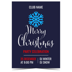 Christmas party invitation to celebrate winter holidays in festive ambience together with friends and family. Christmas party design template with the big snowflake on the background.