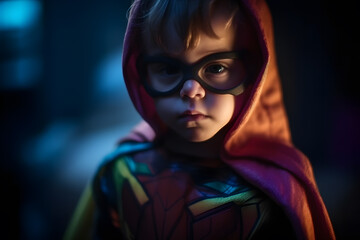 A cute kid dressed as a superhero with a colorful costume and a determined expression, ready to save the day Generative AI