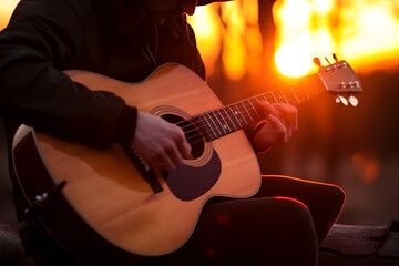 Fototapeta premium A man playing guitar by a campfire, semi-silhouette, with the sunset's warm light merging with the fire's glow. Generative AI
