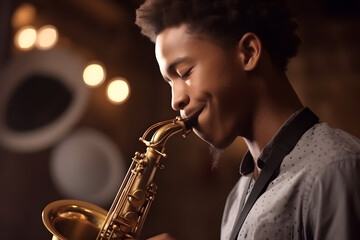 A teenage boy of African American background passionately playing the saxophone in a jazz band, captivating audiences with his musical talent and improvisation. Generative AI