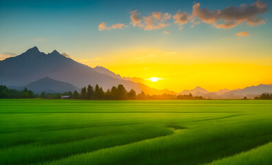 Naklejka premium green rice field landscape and sunset. 