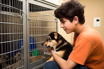 A teenage boy of Hispanic origin volunteering at an animal shelter, showing compassion and care for furry companions. Generative AI