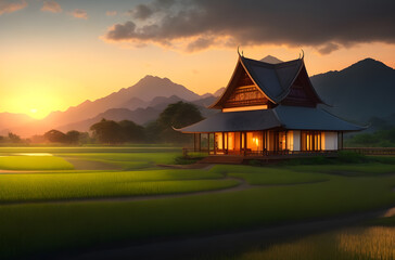 Thai country houses. Natural home. in the middle of the green rice fields and and sunset.
