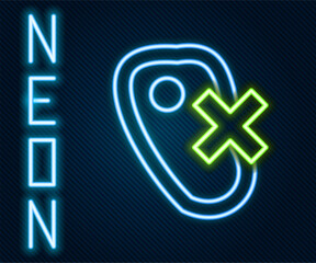 Obraz premium Glowing neon line No meat icon isolated on black background. No fast food allowed - vegetarian food. Colorful outline concept. Vector