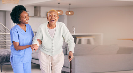 Nurse, portrait and senior black woman with cane, help and smile in home. Caregiver, support and...