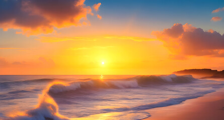 Fototapeta na wymiar Landscape beautiful beach and waves and romantic sunset. 