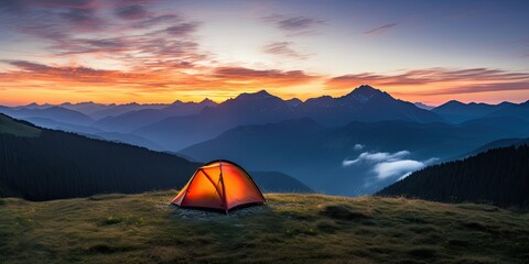 Fototapeta na wymiar Mountain bliss. Camping under summer sky. Nature retreat. Tenting amidst majestic peaks. Sunrise serenade. Morning in wilderness