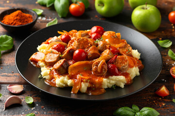 Devilled Sausages with mashed potato, spiced tomato and apple sauce.