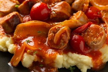 Devilled Sausages with mashed potato, spiced tomato and apple sauce.