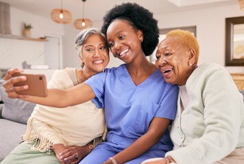 Selfie, caregiver and senior women on sofa smile for social media, online post and profile picture together. Retirement, nursing home and nurse with elderly people take photo on smartphone for memory