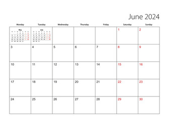 June 2024 simple calendar planner, week starts from Monday.